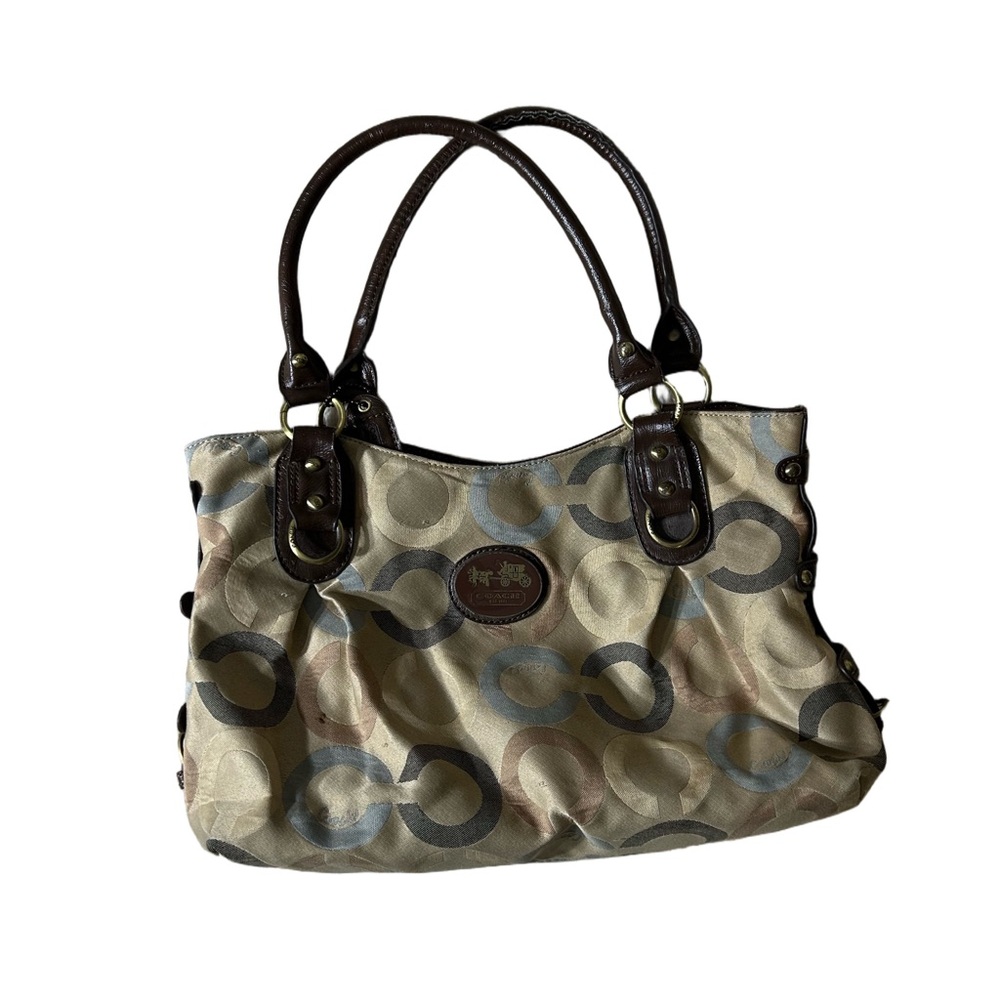 Coach Signature Beige, Brown, and Blue Shoulder Bag